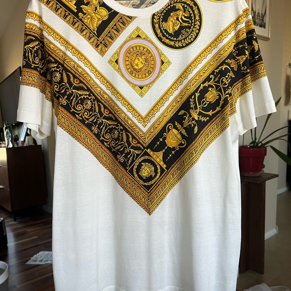 Versace White Tee with Gold and Black Baroque Design